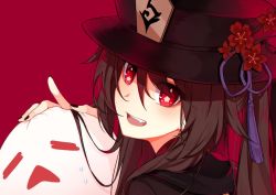 Rule 34 | 1girl, black hat, black nails, blush, brown hair, coat, fang, flower, flower-shaped pupils, genshin impact, ghost, hat, hat flower, hat ornament, hu tao (genshin impact), jeanbeansprout, long hair, looking at viewer, nail polish, open mouth, plum blossoms, porkpie hat, red background, red eyes, red shirt, shirt, simple background, smile, solo, symbol-shaped pupils, talisman, tassel, twintails