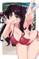 Rule 34 | 1girl, bare shoulders, bikini, black hair, blue eyes, blush, breasts, cleavage, collarbone, double v, fate/stay night, fate (series), highres, large breasts, leaning forward, long hair, looking at viewer, murio, open mouth, red bikini, smile, swimsuit, thighs, tohsaka rin, two side up, v