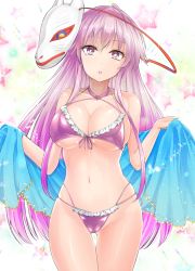 Rule 34 | 1girl, bikini, breasts, bright pupils, cleavage, commentary request, cowboy shot, fox mask, hata no kokoro, highres, large breasts, long hair, looking at viewer, mask, navel, noh mask, pink eyes, pink hair, purple bikini, simple background, solo, standing, star (symbol), starry background, swimsuit, touhou, very long hair, white background, white pupils, y2