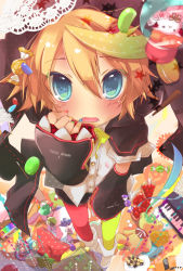 Rule 34 | 1boy, aqua eyes, bag, blonde hair, boots, bug, butterfly, candy, car, cross, detached sleeves, food, full body, heart, hekicha, highres, insect, instrument, kagamine len, keyboard (instrument), male focus, motor vehicle, nail polish, open mouth, pencil, pencil case, pie, shoes, shorts, solo, star (symbol), stuffed animal, stuffed toy, tarta, teddy bear, teeth, vehicle, vocaloid, zipper