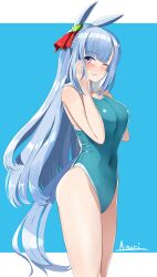 Rule 34 | 1girl, a.nori, absurdres, animal ears, artist name, blue background, blue hair, blue one-piece swimsuit, blunt bangs, braid, breasts, competition swimsuit, covered navel, crown braid, hair ribbon, highres, horse ears, horse girl, horse tail, large breasts, long hair, looking at viewer, mejiro ardan (umamusume), one-piece swimsuit, purple eyes, ribbon, solo, standing, swimsuit, tail, towel, umamusume