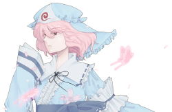 Rule 34 | 1girl, ameri, bug, butterfly, female focus, insect, pink hair, saigyouji yuyuko, simple background, solo, touhou