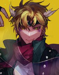 Rule 34 | 1boy, battle tendency, blonde hair, caesar anthonio zeppeli, closed mouth, facial mark, feather hair ornament, feathers, green eyes, hair ornament, headband, highres, jojo no kimyou na bouken, male focus, mall hp, portrait, scarf, shirt, short hair, smile, solo, string, vest, yellow background