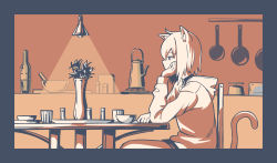 Rule 34 | 1girl, absurdres, animal ears, bottle, bowl, cat ears, cat girl, cat tail, chun 1234567, collar, cup, frying pan, highres, hololive, hood, hoodie, monochrome, nekomata okayu, plant, potted plant, short hair, sitting, solo, stove, tail, teapot, vase, virtual youtuber