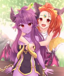 Rule 34 | 2girls, :d, bare shoulders, black dress, blush, collarbone, colored skin, commentary request, crop top, dress, earrings, fang, hair ornament, highres, horns, hug, hug from behind, jewelry, long hair, looking at viewer, ming (mg), multiple girls, no bangs, open mouth, orange hair, original, pointy ears, purple hair, red eyes, scales, shirt, sidelocks, smile, tail, white shirt, wings, yong (mg), zeatto