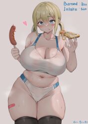 Rule 34 | 1girl, aymusk, bandaid on thigh, bare arms, black thighhighs, blonde hair, blue eyes, blush, breasts, cleavage, closed mouth, commentary request, corn dog, eating, food, freckles-chan (aymusk), grey background, hair ornament, hairclip, heart, highres, holding, holding food, holding pizza, large breasts, looking at viewer, nail polish, navel, original, pizza, pizza slice, plump, sidelocks, simple background, skindentation, solo, sports bikini, sports bra, stomach, thick thighs, thighhighs, thighs, twintails, white sports bra, wide hips