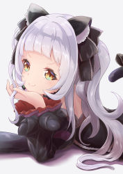 Rule 34 | 1girl, absurdres, animal ear fluff, animal ears, bare shoulders, black bow, black dress, black sleeves, blunt bangs, bow, brown eyes, cat ears, cat girl, cat tail, closed mouth, commentary request, detached sleeves, dress, gothic lolita, grey background, hair bow, hand up, highres, hilamaru, hololive, juliet sleeves, lolita fashion, long hair, long sleeves, looking at viewer, lying, murasaki shion, murasaki shion (gothic lolita), on stomach, puffy sleeves, silver hair, sleeveless, sleeveless dress, smile, solo, tail, tail bow, tail ornament, two side up, upper body, v-shaped eyebrows, virtual youtuber, wide sleeves