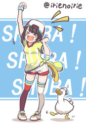 Rule 34 | &gt; &lt;, 1girl, arm up, asymmetrical legwear, backwards hat, baseball cap, black hair, blue background, blush, breasts, closed eyes, collarbone, dancing, full body, hand up, hat, hololive, irie keisuke (handn), jersey, mismatched legwear, oozora subaru, oozora subaru (1st costume), open mouth, parted bangs, red thighhighs, shirt, shoes, short shorts, shorts, small breasts, sneakers, solo, striped clothes, striped shirt, subaru duck, swept bangs, thighhighs, tied shirt, twitter username, two-tone background, vertical-striped clothes, vertical-striped shirt, virtual youtuber, white background, white footwear, white shirt, white shorts, white thighhighs, yellow shirt
