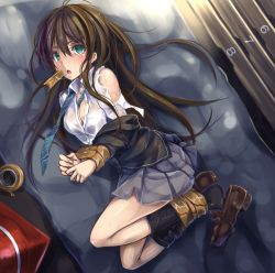 Rule 34 | 10s, 1girl, bare shoulders, bdsm, blush, bondage, bound, bound ankles, bound wrists, breasts, brown hair, cleavage, duct tape, gag, green eyes, idolmaster, idolmaster cinderella girls, improvised gag, long hair, looking at viewer, lying, monikano, necktie, on side, open clothes, open mouth, open shirt, saliva, shibuya rin, shirt, shoe dangle, skirt, solo, tape, tape bondage, tape gag, tears, torn clothes, ungagged