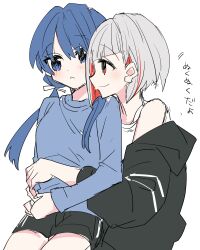 Rule 34 | 2girls, black jacket, black shorts, blue eyes, blue hair, blue shirt, blush, breasts, colored inner hair, commentary, dark blue hair, diagonal bangs, flat color, grey hair, hair ribbon, hands on lap, highres, hug, hug from behind, jacket, jacket partially removed, kanduki kamibukuro, link! like! love live!, long hair, long shirt, long sleeves, looking at another, love live!, low twintails, multicolored hair, multiple girls, murano sayaka, parted lips, red eyes, red hair, ribbon, shirt, short hair, shorts, simple background, sitting, sitting on lap, sitting on person, sketch, sleeveless, sleeveless shirt, small breasts, smile, streaked hair, swept bangs, translated, twintails, two-tone hair, upper body, white background, white shirt, yugiri tsuzuri, yuri