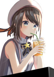 Rule 34 | 1girl, bare arms, bare shoulders, bendy straw, beret, black bow, black hair, blue eyes, blush, bow, commentary request, cup, drink, drinking, drinking straw, grey shirt, hands up, hat, highres, holding, holding cup, hololive, ice, ice cube, natsuki (natukituki), oozora subaru, oozora subaru (work), shirt, simple background, sleeveless, sleeveless shirt, solo, star (symbol), striped bow, striped clothes, striped shirt, upper body, vertical-striped clothes, vertical-striped shirt, virtual youtuber, white background, white hat