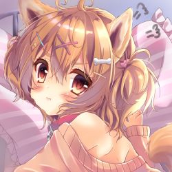 Rule 34 | 1girl, :t, puff of air, ahoge, animal collar, animal ears, bad id, bad twitter id, bare shoulders, blonde hair, blush, bone hair ornament, collar, commentary request, dog ears, dog girl, dog tail, hair between eyes, hair ornament, hairclip, heart, heart hair ornament, highres, honoka chiffon, lips, looking at viewer, looking back, lying, medium hair, hugging object, off shoulder, on stomach, original, pillow, pillow hug, pout, red collar, shoulder blades, solo, star (symbol), star hair ornament, sweater, tail, two side up, v-shaped eyebrows, x hair ornament, yellow eyes