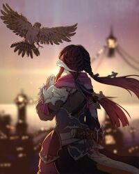 Rule 34 | 1girl, armor, au ra, bird, black hair, blunt ends, blurry, blurry background, braid, city, cowboy shot, dragon girl, dragon tail, evening, facing away, felaulait, final fantasy, final fantasy xiv, from behind, gradient sky, hair ribbon, hand up, hawk, highres, long hair, low twintails, outdoors, pauldrons, pink scarf, ribbon, scarf, shoulder armor, sky, solo, standing, sunset, tail, tassel, twin braids, twintails, yugiri mistwalker