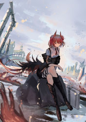 Rule 34 | 1girl, absurdres, arknights, black coat, black footwear, black ribbon, blurry, blurry background, boots, breasts, building, castle, church, closed mouth, coat, collar, crossed legs, depth of field, feathers, fiammetta (arknights), fire, gradient hair, hand on own knee, highres, horns, leg ribbon, light particles, looking to the side, medium breasts, multicolored hair, multicolored sky, natsuba002, necktie, pillar, red eyes, red hair, red tie, ribbon, rock, scenery, shirt, sitting, sky, solo, thigh ribbon, white collar, white shirt