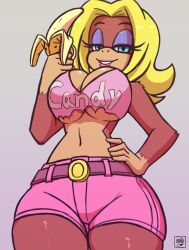 Rule 34 | 1girl, ape, artist name, banana, belt, blonde hair, blue eyes, breasts, candy kong, cleavage, curvy, deathzerareal, denim, denim shorts, donkey kong (series), food, fruit, furry, furry female, hand on own hip, highres, large breasts, looking at viewer, midriff, monkey girl, navel, nintendo, shiny skin, shorts, smile, tank top, thick thighs, thighs, underboob, wide hips