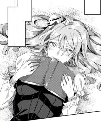 Rule 34 | 1girl, asakawa (outeq), blush, book, breasts, commentary, corset, greyscale, hair between eyes, hat, holding, holding book, kantai collection, long hair, long sleeves, looking at viewer, lying, mini hat, monochrome, open book, open mouth, pola (kancolle), puffy sleeves, smile, solo, teeth, wavy hair, unfinished