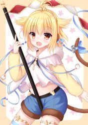 Rule 34 | 1girl, :d, absurdres, andira (granblue fantasy), animal ears, antenna hair, bad id, bad pixiv id, bell, between legs, blonde hair, blue bow, blue ribbon, blue shorts, blush, bow, brown eyes, commentary request, cowboy shot, erune, fur-trimmed shorts, fur collar, fur trim, granblue fantasy, hair between eyes, hair bow, hakuto momiji, headdress, highres, holding, holding staff, jingle bell, long sleeves, looking at viewer, midriff, monkey ears, monkey girl, monkey tail, open mouth, ribbon, shirt, short shorts, shorts, sidelocks, smile, solo, staff, standing, star (symbol), striped clothes, striped thighhighs, tail, tail bell, tail ornament, tail ribbon, thighhighs, white shirt