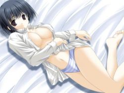 Rule 34 | 1girl, asou asuna, barefoot, bed, breasts, large breasts, solo, tenshi no inai 12-gatsu, undressing