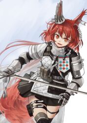 Rule 34 | 1girl, animal ears, arknights, armor, black skirt, flametail (arknights), gauntlets, highres, holding, holding sword, holding weapon, knight, long hair, looking at viewer, open mouth, red eyes, red hair, simple background, skirt, solo, sword, tail, tubuan (tubuan03), very long hair, weapon, white background