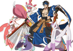 Rule 34 | 1boy, abs, absurdres, black gloves, blue headband, creatures (company), crossover, fingerless gloves, game freak, gen 3 pokemon, gen 5 pokemon, gen 7 pokemon, glasses, gloves, guilty gear, guilty gear strive, hand fan, headband, highres, holding, japanese clothes, lurantis, makai, male focus, medicham, mienshao, mito anji, muscular, muscular male, nintendo, oricorio, oricorio (sensu), pectorals, pokemon, pokemon (creature), ribbon-trimmed sleeves, ribbon trim, round eyewear, simple background, white background, wide sleeves