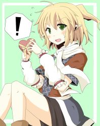 Rule 34 | !, 1girl, arm warmers, blonde hair, blush, boots, fang, female focus, green background, green eyes, heart, holding, mizuhashi parsee, pointy ears, ponytail, scarf, shirt, short hair, simple background, skirt, solo, suna (sunaipu), surprised, sweatdrop, touhou