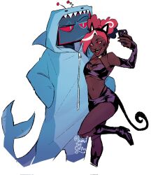 1boy 1girl animal_ears animal_hood cat_ears cat_tail dark-skinned_female dark_skin demon_boy demon_girl dranktwocoffees hazbin_hotel highres hood pink_hair shark_hood tail velvette_(hazbin_hotel) vox_(hazbin_hotel) whiskers white_hair