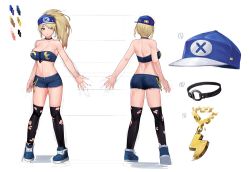 Rule 34 | 1girl, back, bad id, bad pixiv id, bandeau, bare shoulders, baseball cap, black collar, black thighhighs, blonde hair, blue footwear, blue headwear, blue shorts, blue top, breasts, chain, character sheet, cleavage, collar, dungeon and fighter, from behind, full body, green eyes, hat, large breasts, looking to the side, midriff, multiple views, navel, outstretched arm, ponytail, sangobob, shorts, standing, thighhighs, torn clothes, torn legwear, turnaround