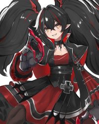 Rule 34 | 1girl, absurdres, azur lane, bat hair ornament, bat wings, black capelet, black dress, black hair, breasts, capelet, claws, cleavage, cross, crossed bangs, dress, hair ornament, head wings, highres, iron cross, kesseil, layered dress, long hair, looking at viewer, mechanical arms, multicolored hair, pointy ears, red dress, red hair, simple background, small breasts, smile, solo, streaked hair, white background, white hair, wings, yellow eyes, z24 (azur lane)