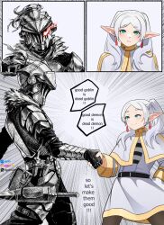 Rule 34 | 1boy, 1girl, absurdres, armor, art shift, backpack, bag, belt, belt pouch, capelet, commentary, crossover, dress, earrings, egalo, elf, english commentary, english text, forehead, frieren, full armor, gauntlets, glowing, glowing eye, goblin slayer, goblin slayer!, green eyes, handshake, highres, indonesian commentary, jewelry, long hair, long sleeves, looking at another, mixed-language commentary, parted bangs, pointy ears, pouch, red eyes, sidelocks, smile, sousou no frieren, speech bubble, sword, thick eyebrows, weapon, white capelet, white dress, white hair