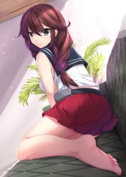 Rule 34 | 1girl, :|, bare arms, bare legs, bare shoulders, barefoot, blue eyes, braid, breasts, brown hair, closed mouth, commentary, couch, artistic error, hair between eyes, hair flaps, hair ribbon, highres, indoors, kantai collection, looking at viewer, looking back, medium breasts, noshiro (kancolle), on couch, plant, red skirt, ribbon, sailor collar, sheita, sitting, skirt, solo, tears, wariza, wrong foot