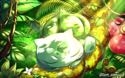 Rule 34 | bulbasaur, claws, closed eyes, closed mouth, creatures (company), flower, forest, game freak, gen 1 pokemon, iam aimuuu, in tree, leaf, nature, nintendo, no humans, nostrils, outdoors, plant, pokemon, pokemon (creature), sleeping, solo focus, tree, twitter username, vileplume, vines, white flower
