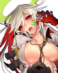Rule 34 | 1girl, :o, ahoge, albino, ankh, areola slip, arm behind back, arm strap, between breasts, black gloves, blush, bodysuit, breasts, breasts apart, buckle, candy, center opening, cleavage, colored eyelashes, spiked halo, covered erect nipples, female focus, food, gloves, guilty gear, guilty gear xrd, guilty gear xrd: revelator, hair between eyes, halo, head tilt, holding, jack-o&#039; valentine, jewelry, large breasts, lollipop, long hair, looking at viewer, multicolored hair, necklace, no bra, open clothes, open mouth, oro (sumakaita), outline, parted bangs, puffy nipples, red eyes, red gloves, red hair, saliva, saliva trail, sexually suggestive, sideboob, simple background, solo, star (symbol), strap, strap between breasts, sweat, swept bangs, transparent background, two-tone hair, upper body, very long hair, white background, white hair