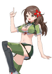 Rule 34 | 1girl, amagi (kancolle), brown eyes, brown hair, cowboy shot, crop top, green skirt, hair ornament, highres, index finger raised, kantai collection, leaf, leaf hair ornament, long hair, looking at viewer, maple leaf, midriff, miniskirt, navel, sidelocks, simple background, skirt, solo, thighhighs, white background, yamano rita