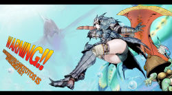 Rule 34 | 1girl, alternate color, armor, ass, axe, boots, bubble, capcom, cha-cha, darius (series), english text, engrish text, fish, fujiwara hisashi, gauntlets, helmet, highres, huge weapon, letterboxed, md5 mismatch, monster, monster hunter, monster hunter (series), monster hunter 3, monster hunter 3 g, ocean, parody, plesioth, ranguage, rathalos (armor), swimming, underwater, vambraces, weapon