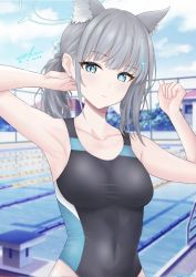Rule 34 | 1girl, animal ear fluff, animal ears, arm behind head, arm up, armpits, bare arms, black one-piece swimsuit, blue archive, blue eyes, blurry, blurry background, breasts, bright pupils, building, chain-link fence, closed mouth, cloud, competition swimsuit, covered navel, cross hair ornament, dated, day, earrings, expressionless, extra ears, fence, grey hair, hair ornament, halo, hand up, highleg, highleg swimsuit, highres, jewelry, light blush, looking at viewer, medium breasts, medium hair, mismatched pupils, one-piece swimsuit, outdoors, pool, poolside, shiroko (blue archive), shiroko (swimsuit) (blue archive), short ponytail, side ponytail, sidelocks, signature, solo, stack016, stud earrings, swimsuit, two-tone swimsuit, upper body, white pupils, wolf ears