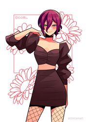 Rule 34 | 1girl, absurdres, black choker, black skirt, chainsaw man, choker, crop top, fishnets, floral background, green eyes, grenade pin, hair between eyes, highres, looking at viewer, open mouth, purple hair, reze (chainsaw man), short hair, simple background, skirt, solo, timtam, twitter username, white background