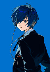 Rule 34 | 1boy, bishounen, blue background, blue eyes, blue hair, closed mouth, collared shirt, eyelashes, favilia, from behind, gekkoukan high school uniform, hair over one eye, hands in pockets, headphones, highres, male focus, persona, persona 3, persona 3 reload, school uniform, shirt, short hair, solo, upper body, wire, yuuki makoto (persona 3)