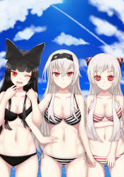Rule 34 | 10s, 3girls, abyssal ship, air defense princess, airfield princess, bikini, black bikini, black hair, blush, bow, breasts, cleavage, cloud, day, hair bow, hairband, highres, horns, kantai collection, lace, lace-trimmed bikini, lace trim, large breasts, locked arms, long hair, medium breasts, multiple girls, one eye closed, pale skin, red eyes, rumaki, seaplane tender princess, side-tie bikini bottom, silver hair, smile, striped bikini, striped clothes, swimsuit