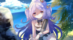 Rule 34 | 1girl, anyaaki, azur lane, beach, black bow, blue eyes, blue sky, bow, breasts, cloud, day, dress, jupiter (azur lane), outdoors, parted bangs, purple hair, rock, sky, small breasts, solo, standing, tilted headwear, torpedo, two side up, white dress, wrist cuffs