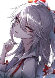 Rule 34 | 1girl, 33 gaff, absurdres, bow, commentary, fujiwara no mokou, grey hair, hair between eyes, hair bow, highres, long sleeves, looking at viewer, open mouth, red eyes, simple background, solo, touhou, upper body, white background, white bow