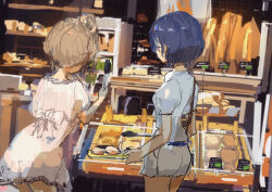 Rule 34 | 2girls, arched back, back bow, baguette, bakery, belt, blue belt, blue eyes, blue hair, blue hairband, bow, bread, breasts, brown hair, cevio, commentary request, cowboy shot, display, dress, facing away, food, from behind, hair bun, hairband, hand up, highres, holding, holding tongs, holding tray, indoors, kabuyama kaigi, leaning forward, multiple girls, profile, puffy short sleeves, puffy sleeves, satou sasara, shop, short dress, short hair, short shorts, short sleeves, shorts, side ponytail, single side bun, small breasts, suzuki tsudumi, tongs, tray, white bow, white dress, white shorts
