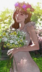 Rule 34 | 1girl, blush, brown hair, closed mouth, dress, field, flower, flower field, flower on head, highres, looking at viewer, short hair, smile, solo, very short hair, viral hit, white dress, yeo rumi