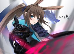 Rule 34 | 1girl, amiya (arknights), amiya (guard) (arknights), animal ears, arknights, ascot, black jacket, blue eyes, blurry, blurry foreground, brown hair, character name, dragon, frilled ascot, frills, frown, holding, holding sword, holding weapon, horn/wood, jacket, light blush, long hair, looking at viewer, official alternate costume, open mouth, originium arts (arknights), ponytail, rabbit ears, solo focus, sword, upper body, weapon