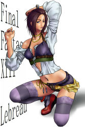Rule 34 | 1girl, arms up, belt, bikini, bikini top only, black hair, blouse, brown hair, chain, chain necklace, character name, choker, cosplay, dark-skinned female, dark skin, female focus, final fantasy, final fantasy xiii, full body, gradient background, halterneck, jewelry, lace, lace-trimmed legwear, lace trim, lebreau, midriff, montage, necklace, official art, purple eyes, sash, shirt, shoes, short hair, short shorts, shorts, solo, squatting, swimsuit, thighhighs, uyorl, white background