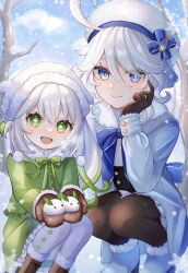 Rule 34 | 2girls, absurdres, ahoge, blue eyes, blue hair, blue sky, blush, brown footwear, brown gloves, brown pantyhose, closed mouth, cross-shaped pupils, dot nose, feet out of frame, furina (genshin impact), genshin impact, gloves, gradient hair, green eyes, green hair, green jacket, hair between eyes, hand on own cheek, hand on own face, heterochromia, highres, jacket, long hair, mokankan, multicolored hair, multiple girls, nahida (genshin impact), open mouth, outdoors, pantyhose, sky, snow, snow rabbit, snowing, squatting, symbol-shaped pupils, tree, white hair, white headwear, winter, winter clothes, winter gloves