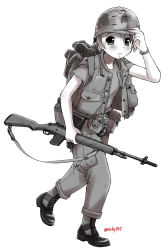 Rule 34 | 1girl, backpack, bag, battle rifle, belt, blush, boots, ebifly, explosive, full body, grenade, gun, hair between eyes, hand on headwear, helmet, holding, holding gun, holding weapon, m14, m1 helmet, combat helmet, original, pants, parted lips, pouch, rifle, shirt, short hair, simple background, soldier, solo, standing, standing on one leg, twitter username, vest, walking, watch, weapon, white background, wristwatch