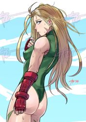 bare_shoulders blonde_hair blue_eyes breasts cammy_white corviwing fingerless_gloves from_behind gloves hair_down leotard long_hair scar scar_on_face sleeveless street_fighter sweatdrop teeth thong_leotard