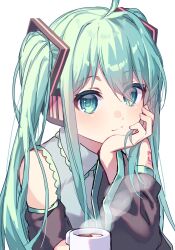 Rule 34 | 1girl, absurdres, aqua eyes, aqua hair, black sleeves, closed mouth, commentary request, cup, detached sleeves, grey shirt, hair between eyes, hair ornament, hand on own cheek, hand on own chin, hand on own face, hand up, hatsune miku, head rest, highres, holding, holding cup, kurobikari, long hair, long sleeves, looking at viewer, shirt, simple background, sleeveless, sleeveless shirt, smile, solo, twintails, upper body, very long hair, vocaloid, white background