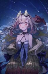 Rule 34 | 1girl, ahoge, bare shoulders, black bow, blonde hair, bow, breasts, cleavage, criss-cross halter, cross, cross earrings, dragon claw, dragon girl, dragon horns, dress, earrings, fang, halterneck, horns, jewelry, long hair, mins (minevi), night, night sky, open mouth, phase connect, red eyes, shooting star, skin fang, sky, solo, star-shaped pupils, star (symbol), symbol-shaped pupils, utatane nasa, virtual youtuber, white dress