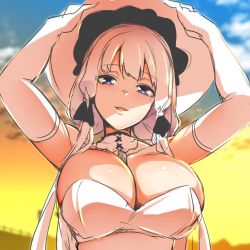 Rule 34 | 1girl, arms up, azur lane, bebebe (pepegakii), blue eyes, breasts, cleavage, copyright request, hair ribbon, hat, illustrious (azur lane), large breasts, long hair, mole, mole under eye, ribbon, sketch, solo, sunset, white hair